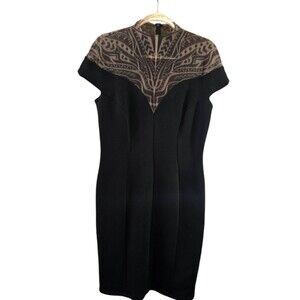 TADASHI SHOJI COCKTAIL DRESS ILLUSION NECKLINE TRIBAL NUDE PATTERN SIZE XL
